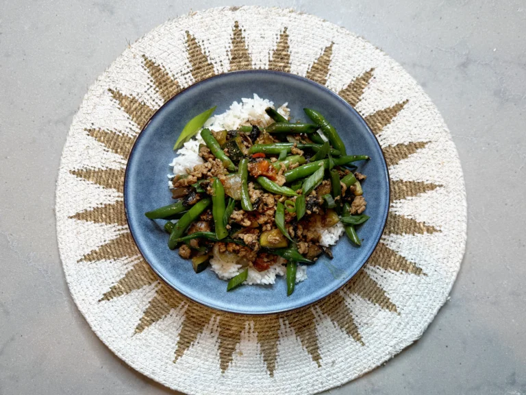 Ginisang baboy with mushrooms, zucchini, and beans.