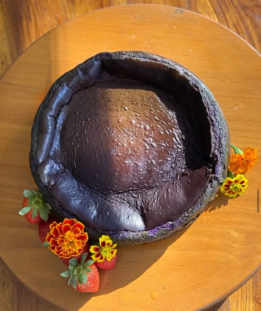Ube Basque cheesecake with a caramelised top and silky purple centre.