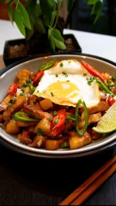 Filipino pork sisig with vegetables and fried egg in a bowl.