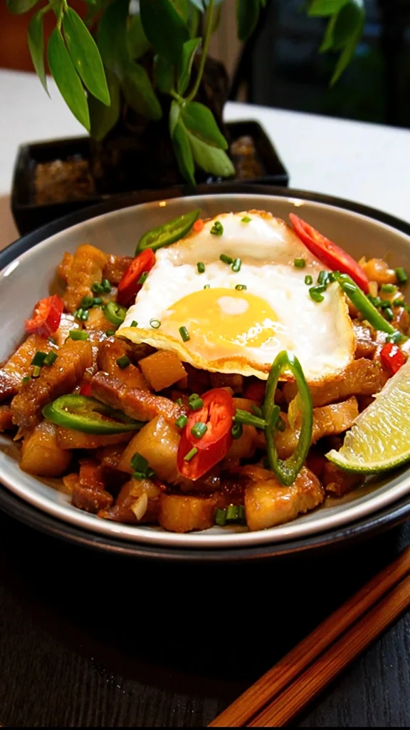 Filipino pork sisig with vegetables and fried egg in a bowl.