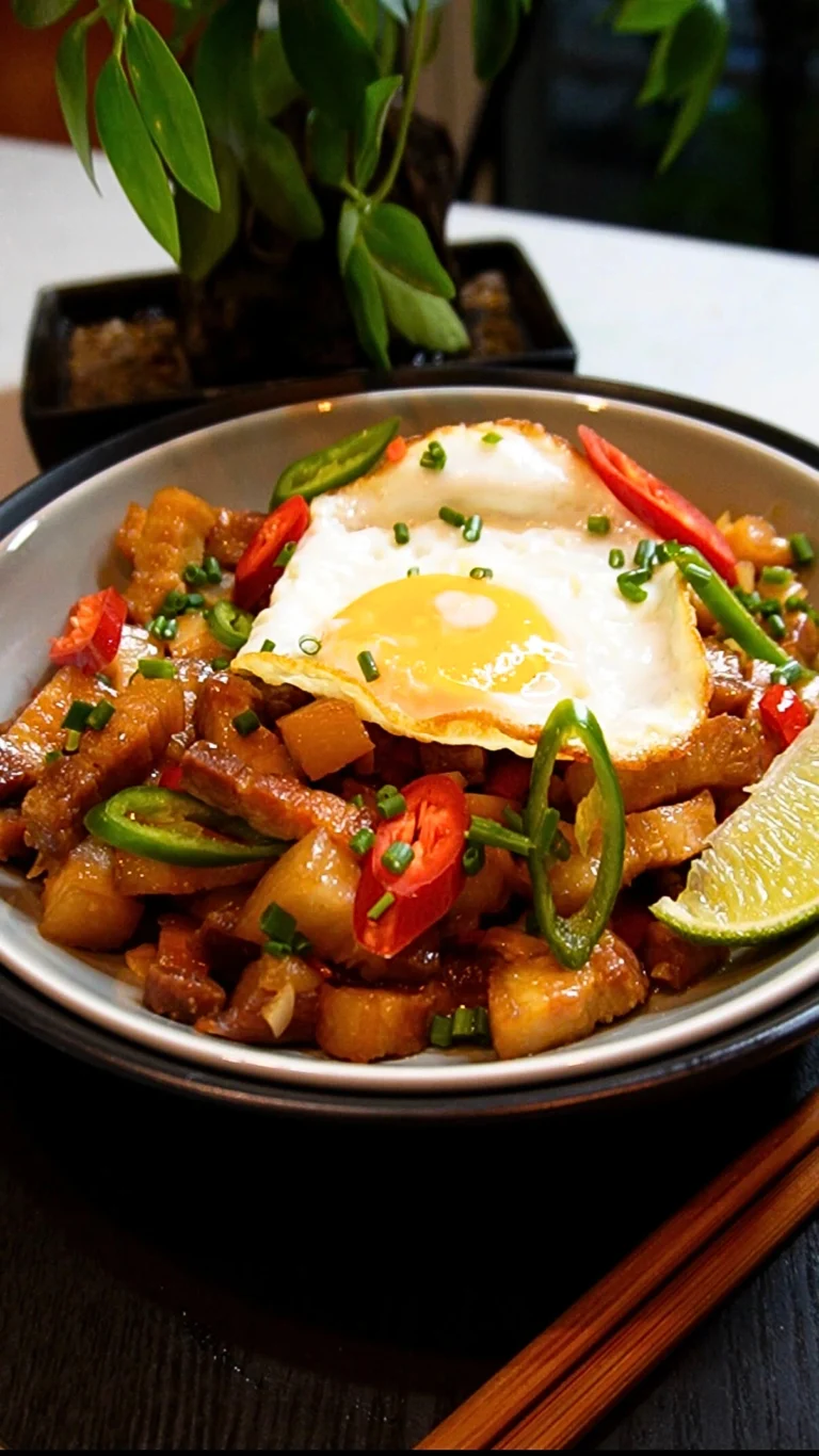 Filipino pork sisig with vegetables and fried egg in a bowl.