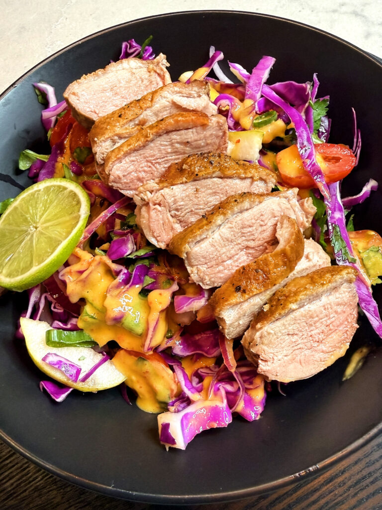Crispy Skin Duck with Mango Chilli Crunch Salad